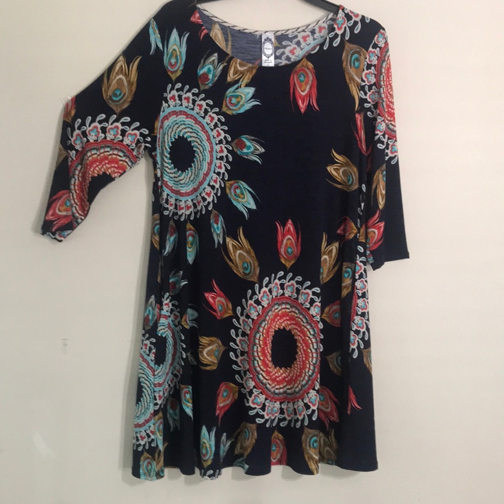 Navy stretch, pattered dress, WITH POCKETS!!